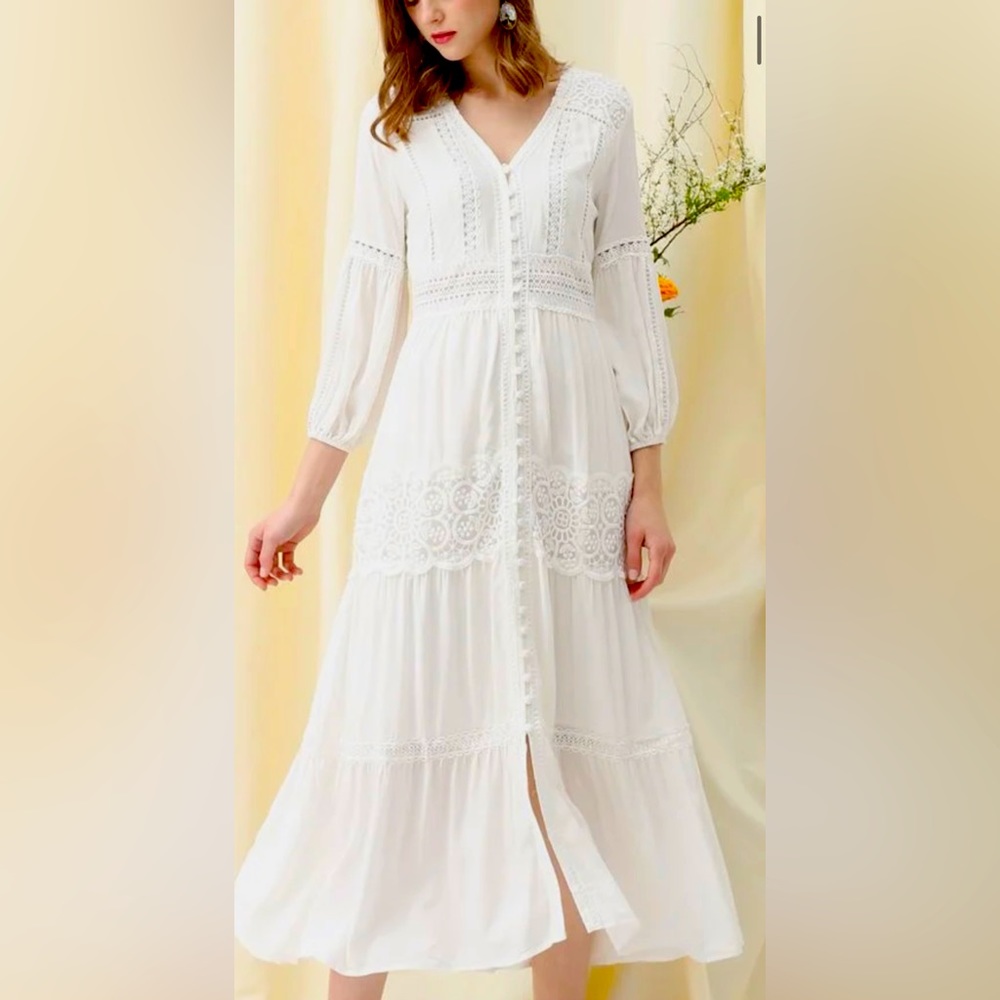 CHICWISH BUTTON DOWN CROCHET EMBROIDERED BOHO MAXI DRESS IN WHITE